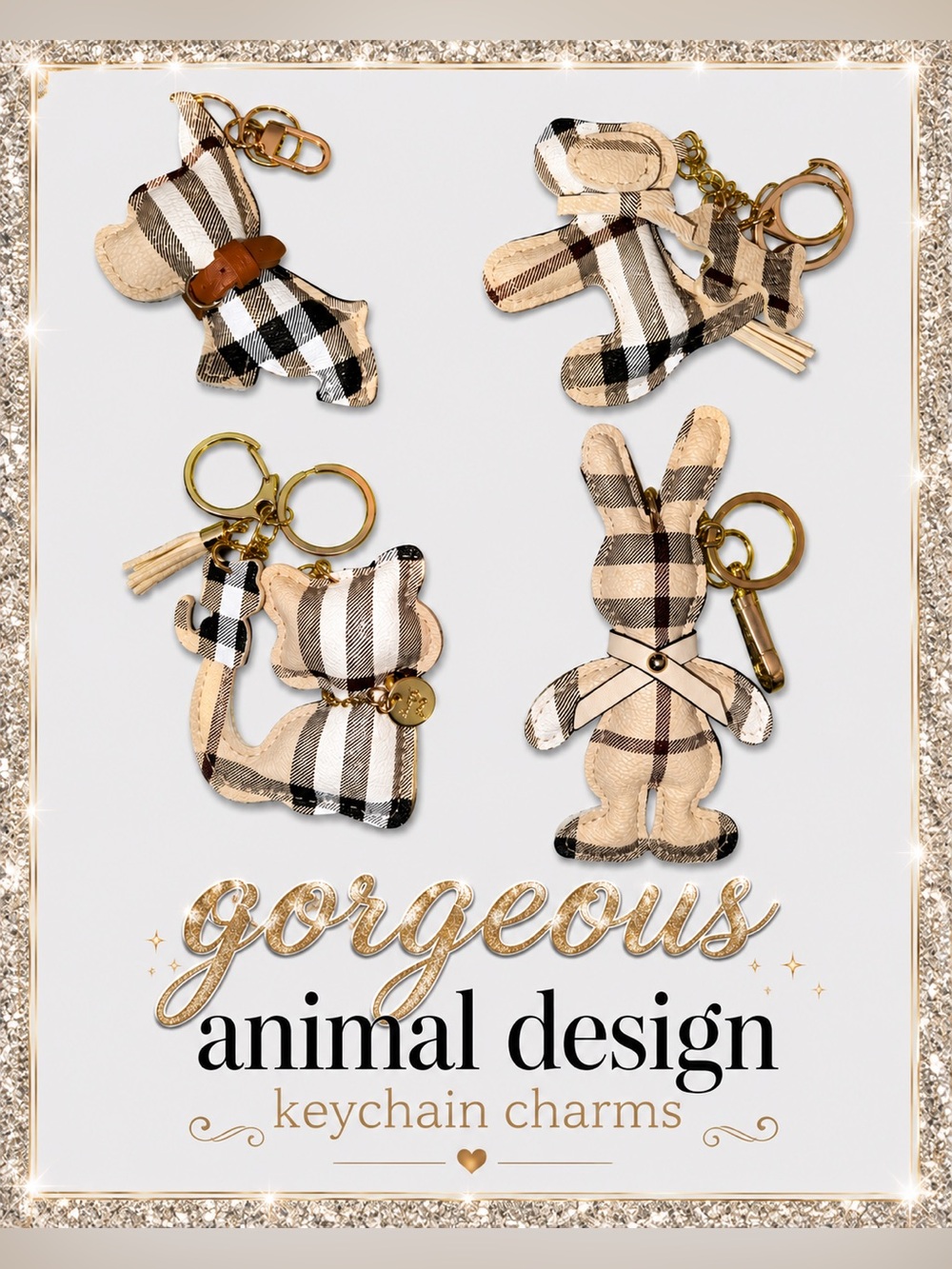 Plaid Animal Design Keychain Charms - Tan/Black